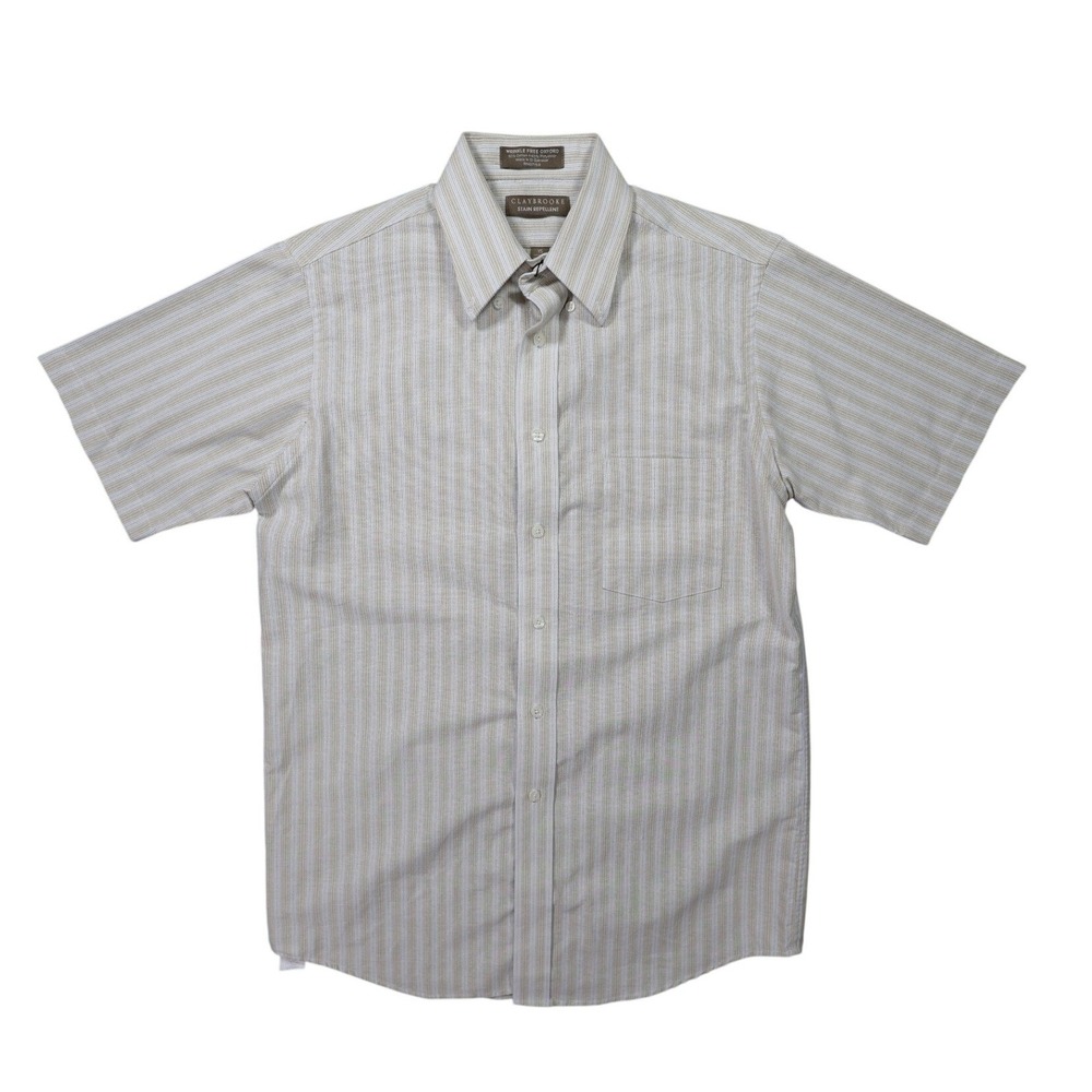 Claybrooke Button Front Shirt Mens Medium Tan Excellent Short Sleeve Striped
